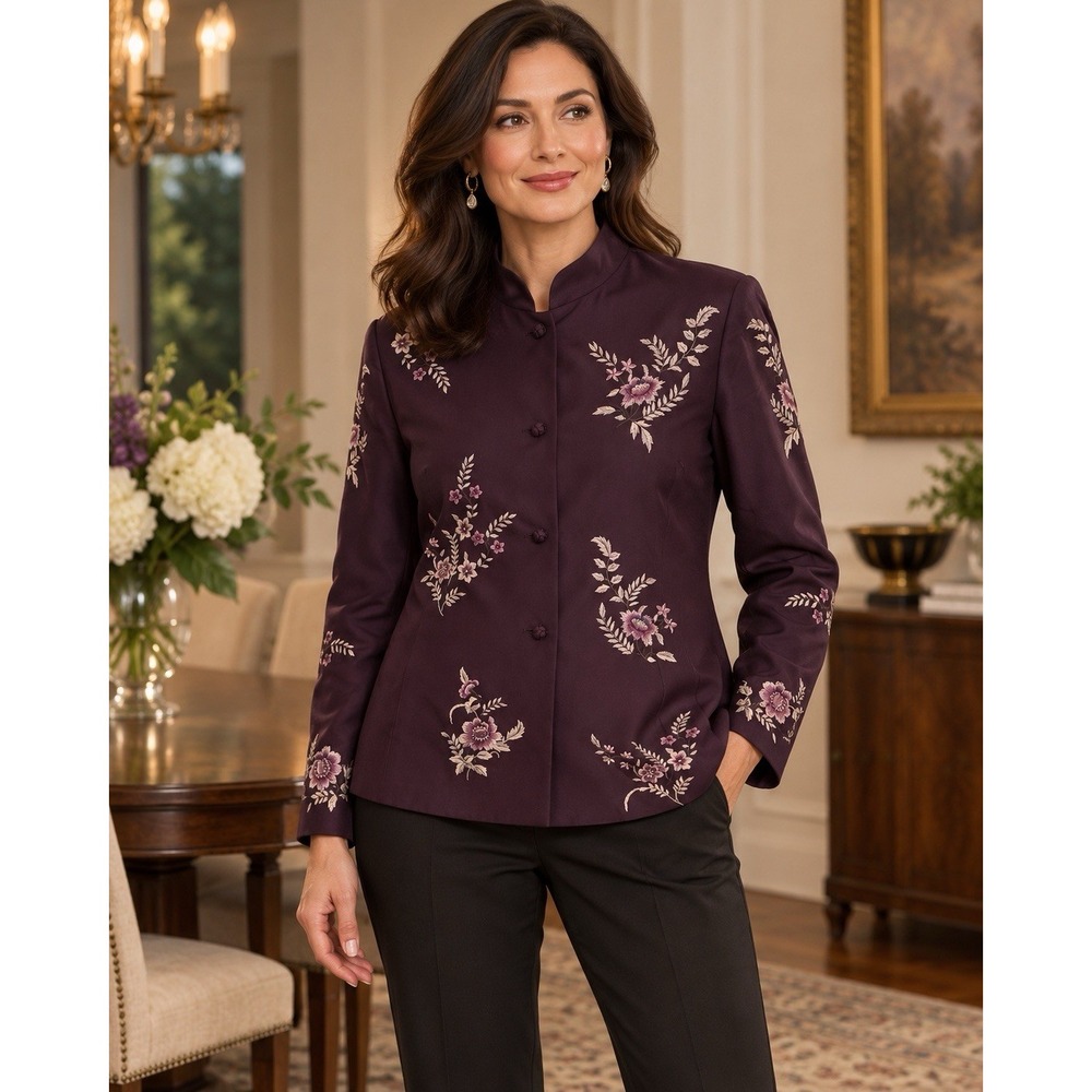 Dana Buchman Womens 14 Purple Silk Embroidered Floral Mandarin Jacket Blouse
